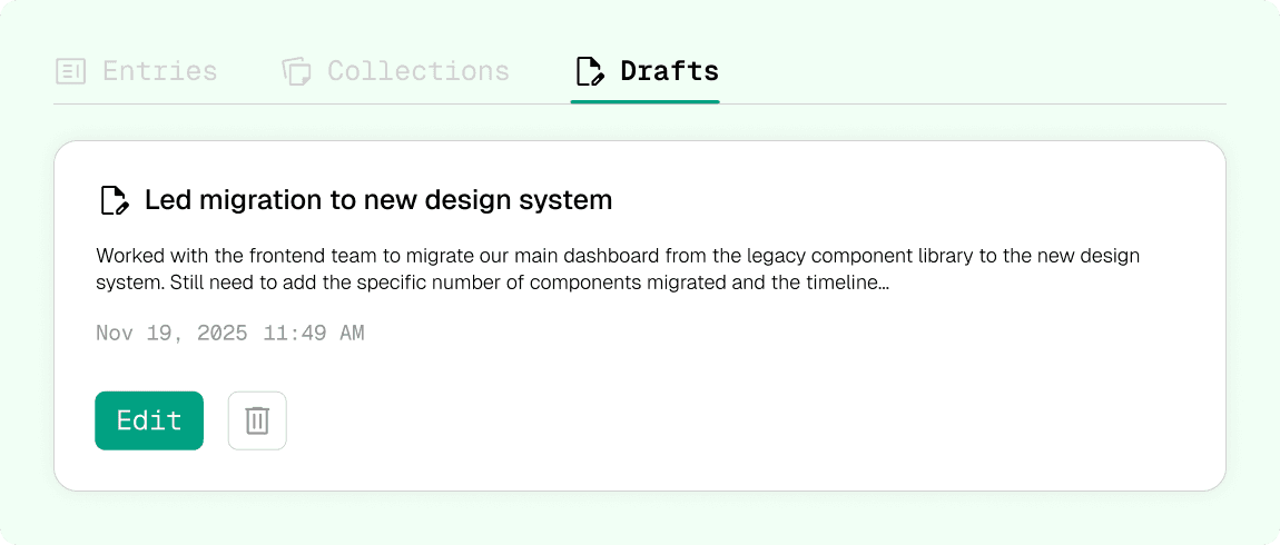 BragBook drafts feature to save work entries and finish them later